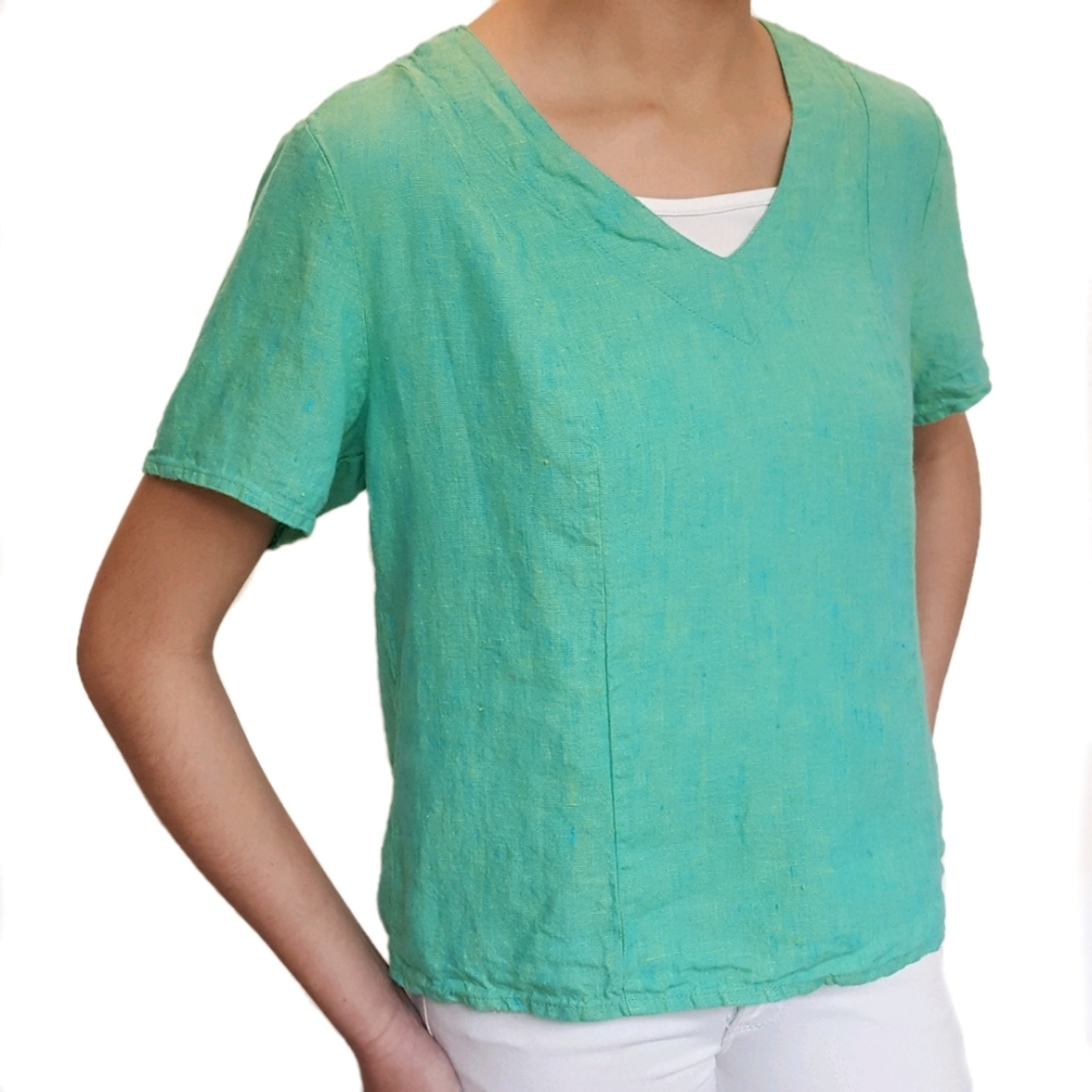 FLAX Short Sleeve V-Neck Crop 100%Linen Top size S